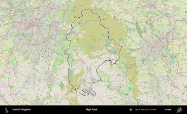 Yüksek Tepe. Bir OpenStreetMap Alman stil haritasında Birleşik Krallık 'ın özetlenmiş idari alanı