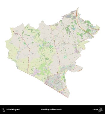 Hinckley ve Bosworth. Birleşik Krallık 'ın idari alanı bir OpenStreetMap Alman stili haritasında beyazda izole edildi