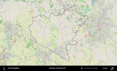 Hinckley ve Bosworth. Bir OpenStreetMap Alman stil haritasında Birleşik Krallık 'ın özetlenmiş idari alanı