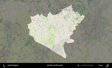 Hinckley ve Bosworth. Birleşik Krallık 'ın idari alanı karartılmış bir OpenStreetMap tarzı Alman haritasına vurgulanmış ve özetlenmiştir