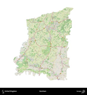 Horsham. Birleşik Krallık 'ın idari alanı bir OpenStreetMap Alman stili haritasında beyazda izole edildi
