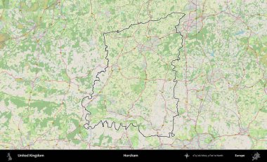 Horsham. Bir OpenStreetMap Alman stil haritasında Birleşik Krallık 'ın özetlenmiş idari alanı