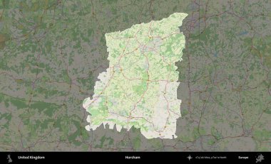 Horsham. Birleşik Krallık 'ın idari alanı karartılmış bir OpenStreetMap tarzı Alman haritasına vurgulanmış ve özetlenmiştir