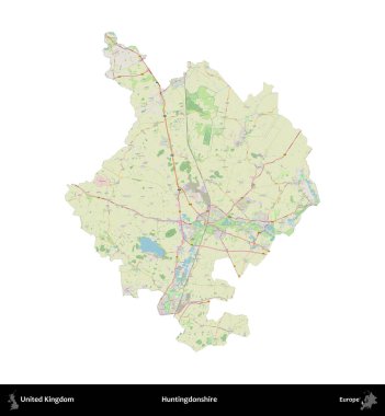 Huntingdonshire 'da. Birleşik Krallık 'ın idari alanı bir OpenStreetMap Alman stili haritasında beyazda izole edildi