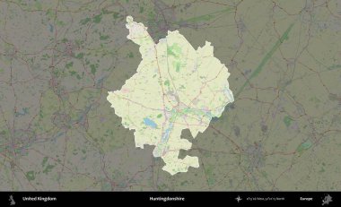 Huntingdonshire 'da. Birleşik Krallık 'ın idari alanı karartılmış bir OpenStreetMap tarzı Alman haritasına vurgulanmış ve özetlenmiştir