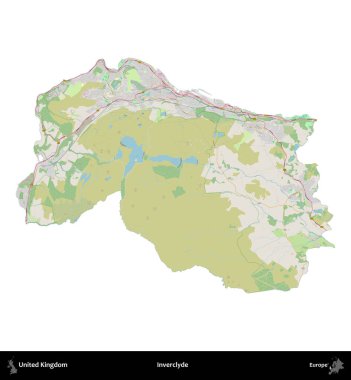 Inverclyde. Birleşik Krallık 'ın idari alanı bir OpenStreetMap Alman stili haritasında beyazda izole edildi