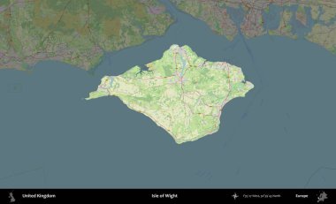 Wight Adası. Birleşik Krallık 'ın idari alanı karartılmış bir OpenStreetMap tarzı Alman haritasına vurgulanmış ve özetlenmiştir