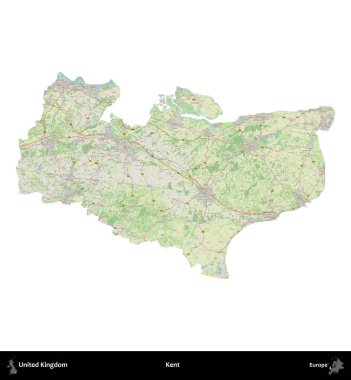 Kent. Birleşik Krallık 'ın idari alanı bir OpenStreetMap Alman stili haritasında beyazda izole edildi