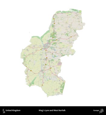 King 's Lynn ve West Norfolk. Birleşik Krallık 'ın idari alanı bir OpenStreetMap Alman stili haritasında beyazda izole edildi