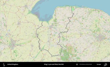 King 's Lynn ve West Norfolk. Bir OpenStreetMap Alman stil haritasında Birleşik Krallık 'ın özetlenmiş idari alanı