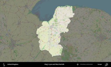 King 's Lynn ve West Norfolk. Birleşik Krallık 'ın idari alanı karartılmış bir OpenStreetMap tarzı Alman haritasına vurgulanmış ve özetlenmiştir