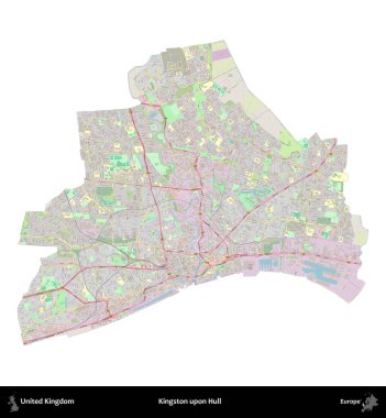 Kingston Hull 'da. Birleşik Krallık 'ın idari alanı bir OpenStreetMap Alman stili haritasında beyazda izole edildi