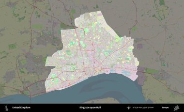 Kingston Hull 'da. Birleşik Krallık 'ın idari alanı karartılmış bir OpenStreetMap tarzı Alman haritasına vurgulanmış ve özetlenmiştir