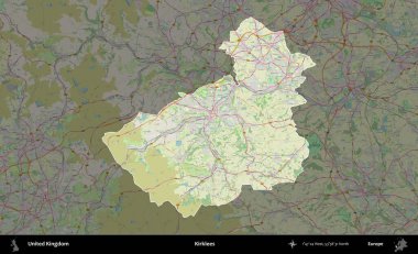 Kirklees. Birleşik Krallık 'ın idari alanı karartılmış bir OpenStreetMap tarzı Alman haritasına vurgulanmış ve özetlenmiştir