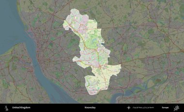 Knowsley. Birleşik Krallık 'ın idari alanı karartılmış bir OpenStreetMap tarzı Alman haritasına vurgulanmış ve özetlenmiştir