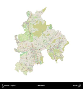 Lancashire. Birleşik Krallık 'ın idari alanı bir OpenStreetMap Alman stili haritasında beyazda izole edildi
