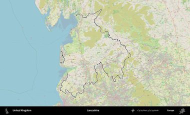Lancashire. Bir OpenStreetMap Alman stil haritasında Birleşik Krallık 'ın özetlenmiş idari alanı