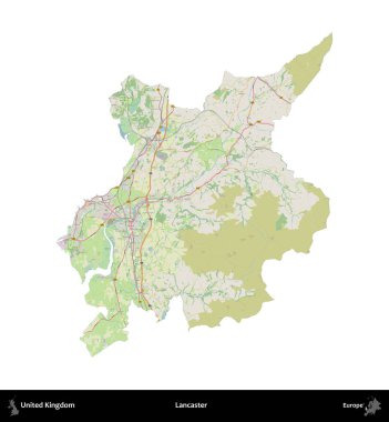 Lancaster. Birleşik Krallık 'ın idari alanı bir OpenStreetMap Alman stili haritasında beyazda izole edildi