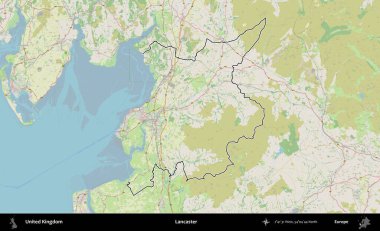 Lancaster. Bir OpenStreetMap Alman stil haritasında Birleşik Krallık 'ın özetlenmiş idari alanı