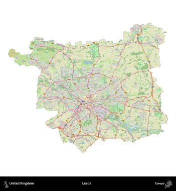 Leeds. Birleşik Krallık 'ın idari alanı bir OpenStreetMap Alman stili haritasında beyazda izole edildi