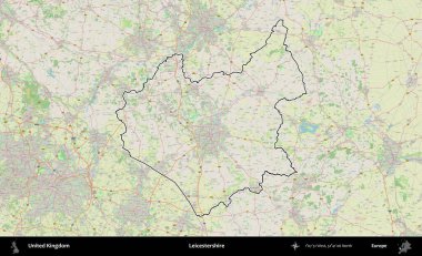 Leicestershire 'da. Bir OpenStreetMap Alman stil haritasında Birleşik Krallık 'ın özetlenmiş idari alanı