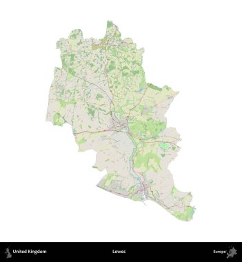 Lewes. Birleşik Krallık 'ın idari alanı bir OpenStreetMap Alman stili haritasında beyazda izole edildi
