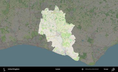 Lewes. Birleşik Krallık 'ın idari alanı karartılmış bir OpenStreetMap tarzı Alman haritasına vurgulanmış ve özetlenmiştir