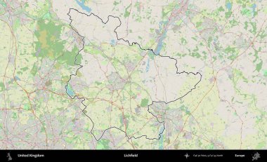 Lichfield 'da. Bir OpenStreetMap Alman stil haritasında Birleşik Krallık 'ın özetlenmiş idari alanı