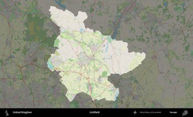 Lichfield 'da. Birleşik Krallık 'ın idari alanı karartılmış bir OpenStreetMap tarzı Alman haritasına vurgulanmış ve özetlenmiştir