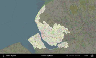 Liverpool Şehri Bölgesi. Birleşik Krallık 'ın idari alanı karartılmış bir OpenStreetMap tarzı Alman haritasına vurgulanmış ve özetlenmiştir