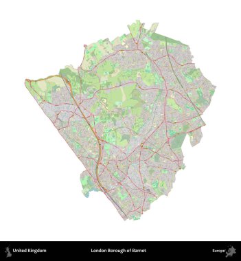 Londra Barnet İlçesi. Birleşik Krallık 'ın idari alanı bir OpenStreetMap Alman stili haritasında beyazda izole edildi