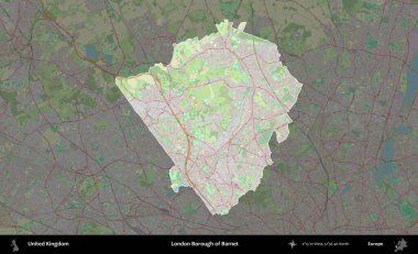 Londra Barnet İlçesi. Birleşik Krallık 'ın idari alanı karartılmış bir OpenStreetMap tarzı Alman haritasına vurgulanmış ve özetlenmiştir