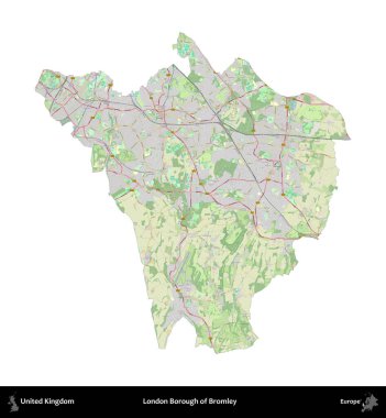 Bromley 'in Londra ilçesi. Birleşik Krallık 'ın idari alanı bir OpenStreetMap Alman stili haritasında beyazda izole edildi