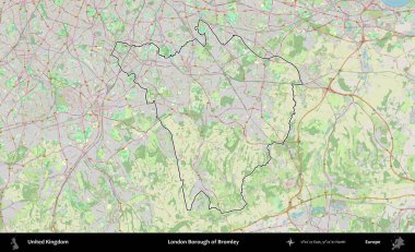 Bromley 'in Londra ilçesi. Bir OpenStreetMap Alman stil haritasında Birleşik Krallık 'ın özetlenmiş idari alanı