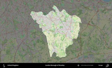 Bromley 'in Londra ilçesi. Birleşik Krallık 'ın idari alanı karartılmış bir OpenStreetMap tarzı Alman haritasına vurgulanmış ve özetlenmiştir
