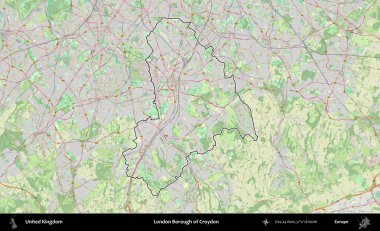 Croydon 'un Londra ilçesi. Bir OpenStreetMap Alman stil haritasında Birleşik Krallık 'ın özetlenmiş idari alanı