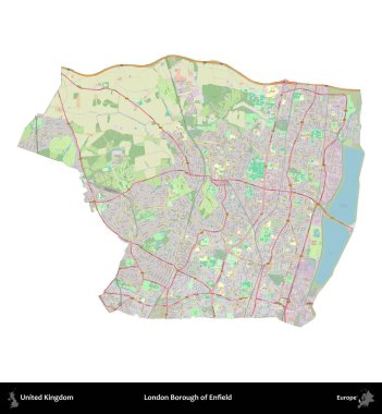 Londra Enfield İlçesi. Birleşik Krallık 'ın idari alanı bir OpenStreetMap Alman stili haritasında beyazda izole edildi