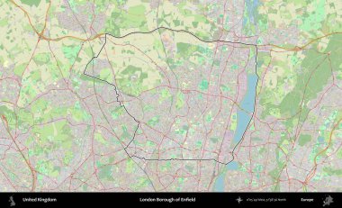 Londra Enfield İlçesi. Bir OpenStreetMap Alman stil haritasında Birleşik Krallık 'ın özetlenmiş idari alanı