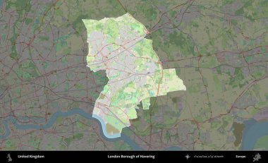 Londra Havering İlçesi. Birleşik Krallık 'ın idari alanı karartılmış bir OpenStreetMap tarzı Alman haritasına vurgulanmış ve özetlenmiştir
