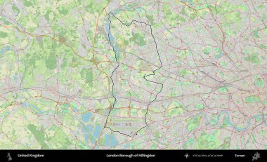 Londra Hillingdon İlçesi. Bir OpenStreetMap Alman stil haritasında Birleşik Krallık 'ın özetlenmiş idari alanı