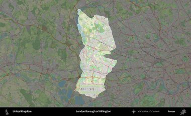 Londra Hillingdon İlçesi. Birleşik Krallık 'ın idari alanı karartılmış bir OpenStreetMap tarzı Alman haritasına vurgulanmış ve özetlenmiştir