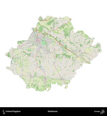 Maidstone. Birleşik Krallık 'ın idari alanı bir OpenStreetMap Alman stili haritasında beyazda izole edildi