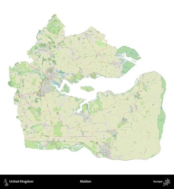 Maldon. Birleşik Krallık 'ın idari alanı bir OpenStreetMap Alman stili haritasında beyazda izole edildi