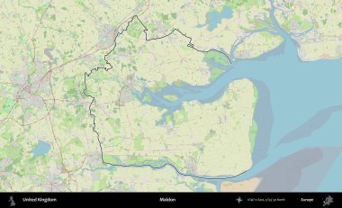 Maldon. Bir OpenStreetMap Alman stil haritasında Birleşik Krallık 'ın özetlenmiş idari alanı