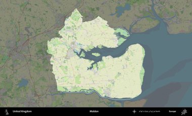 Maldon. Birleşik Krallık 'ın idari alanı karartılmış bir OpenStreetMap tarzı Alman haritasına vurgulanmış ve özetlenmiştir
