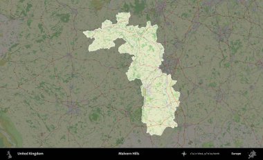 Malvern Tepeleri. Birleşik Krallık 'ın idari alanı karartılmış bir OpenStreetMap tarzı Alman haritasına vurgulanmış ve özetlenmiştir