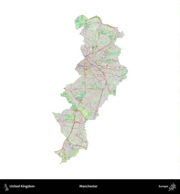Manchester mı? Birleşik Krallık 'ın idari alanı bir OpenStreetMap Alman stili haritasında beyazda izole edildi