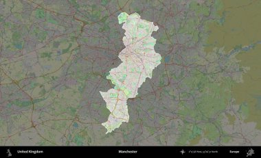 Manchester mı? Birleşik Krallık 'ın idari alanı karartılmış bir OpenStreetMap tarzı Alman haritasına vurgulanmış ve özetlenmiştir