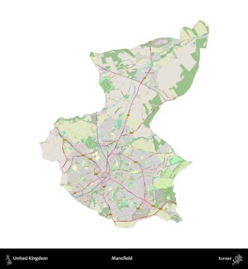 Mansfield. Birleşik Krallık 'ın idari alanı bir OpenStreetMap Alman stili haritasında beyazda izole edildi