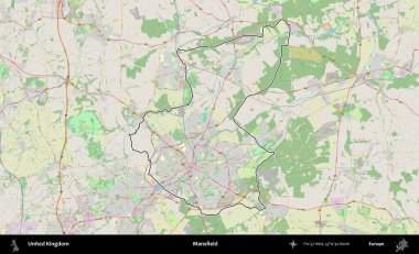 Mansfield. Bir OpenStreetMap Alman stil haritasında Birleşik Krallık 'ın özetlenmiş idari alanı